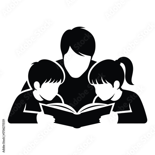 Father and children reading together a book family bonding learning storytime education silhouette