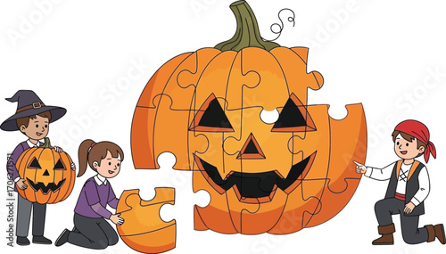 Children in costumes completing a halloween pumpkin puzzle together happily