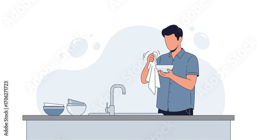 Man Drying Dishware After Washing It Over Sink Area In Kitchen Illustration