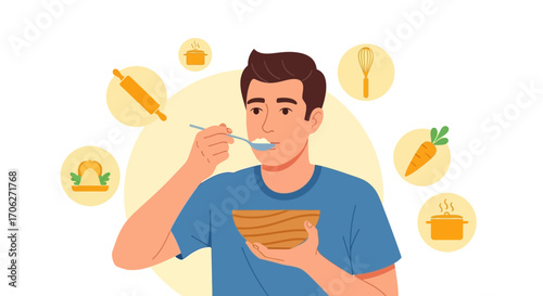Man Eating With Kitchen Tools Illustrations, Healthy Eating, Cooking, Nutrition, Diet, Isolated