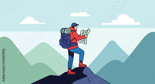 Mountain Hiker Navigating Scenic Peaks While Examining A Detailed Geographical Map