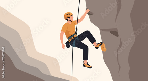 Mountain Climber with Orange Helmet Ascends a Rock Surface with Secured Ropes