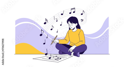 Musical Composition: Woman Composing Music Notes Peacefully, With Dynamic Visualization,