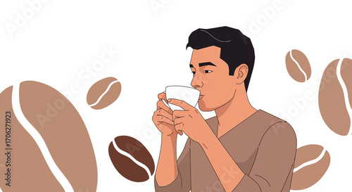 Man Enjoying Coffee, Morning Ritual, Coffee Beans, Isolated On White Background