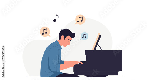 Musical Performance: A Melodic Man Plays a Piano, Creating Beautiful Musical Sounds