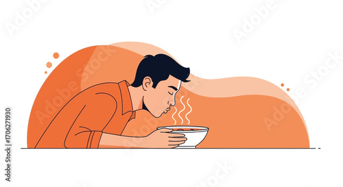 Man Enjoying Flavorful Aroma Of Hot Soup Bowl With Orange Accents Minimalistic Illustration