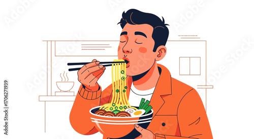 Man Enjoying Delicious Ramen Noodles, Isolated on a White Background, Delightful Meal