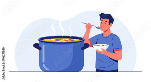 Man Enjoying Fresh Soup and Preparing to Serve Bowls of Homemade Food