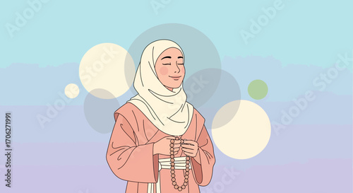 Muslim Woman In Prayer, Holding Prayer Beads, Peaceful Expression And Gratitude