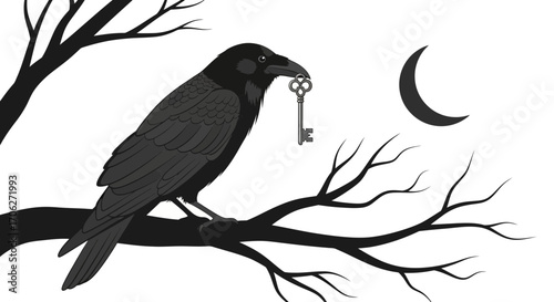 Mysterious Raven Bearing The Lost Key Silhouette On White Background
