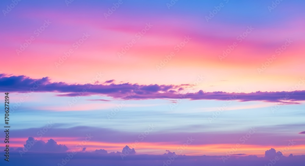 Obraz premium Vibrant Sunset Sky With Soft Pink Purple Blue Clouds And Orange Hues Keywords: sky, sunset