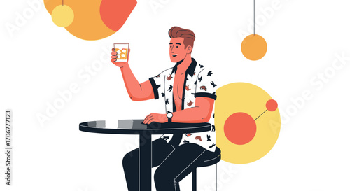 Man Enjoying Refreshing Drink At A Bar, Isolated On Simple White Background