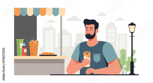 Man Enjoying Street Food, Urban Scene with a Shawarma Roll, Cityscape View
