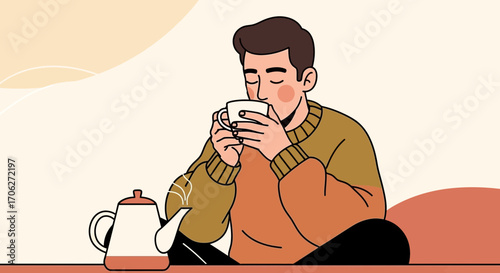 Man Enjoys Beverage While Sitting, With A Detailed Illustration For Design Purposes