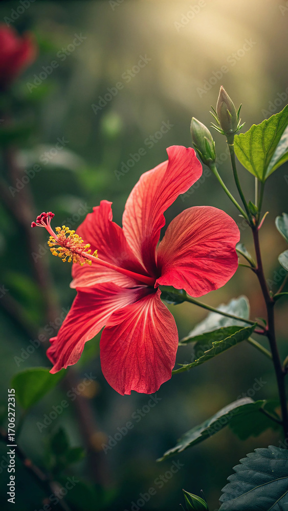 Fototapeta premium Vibrant red hibiscus flower yellow stamen image