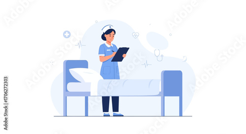 Nursing Professional Documents Patient Data in Hospital Room for Medical Care Illustration