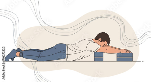 Man Exercises, Performing Back Extension with Two Blocks, Vector Illustration Art
