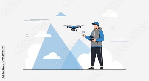 Man Flying Drone Above Mountains, Capturing Aerial Footage With Remote Control Technology