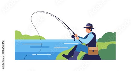 Man Fishing On A Lakeside, Enjoying Leisure And Outdoor Recreation Activity