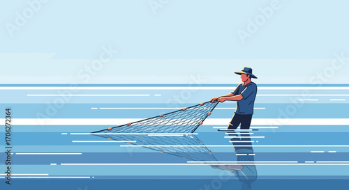 Man Fishing With Net In Sea Under A Bright Blue Sky During The Day