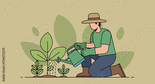 Man Gardening Illustration, Watering Plants From Watering Can With Hat and Gloves