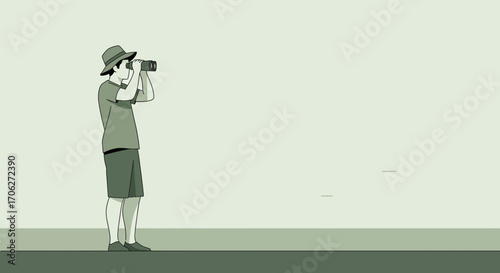 Observing The Landscape, A Man Using Binoculars In A Minimalistic Style
