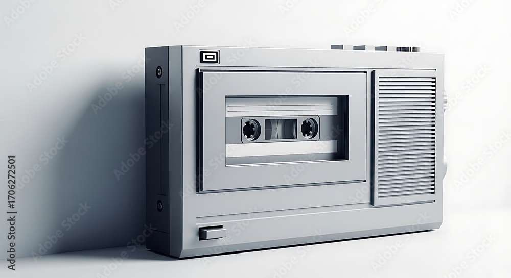 Fototapeta premium Vintage Portable Cassette Recorder with Retro Audio Tape, Isolated on White.