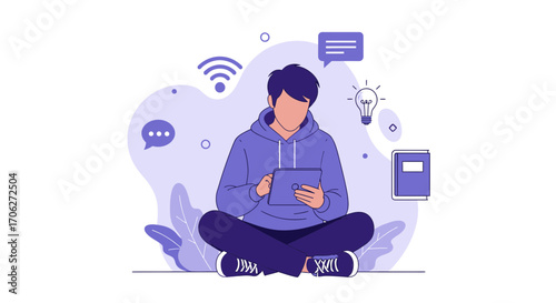 Online Learning and Communication Depicted by a Youthful Figure's Engagement With a Tablet