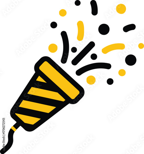 A yellow party popper exploding with confetti and streamers, isolated on transparent background