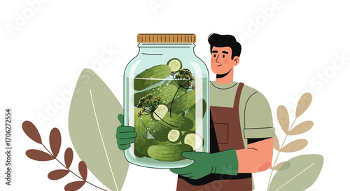Man Holding Jar Of Pickles With Green Gloves and Apron Vector Illustration On White