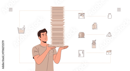 Man Holding Stack Of Plates With Food Processing Equipment Icons In Minimalistic Style