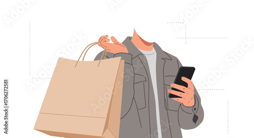 Online Shopping Experience Depicted In Modern Style, Featuring Mobile Phone And Shopping Bag