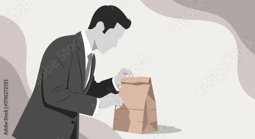 Man In A Suit Preparing To Open A Brown Paper Bag In Minimalist Illustration