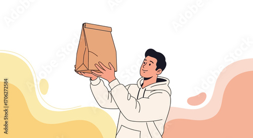 Man Holding Up a Takeout Bag, Food Order Delivery Illustration on White Background