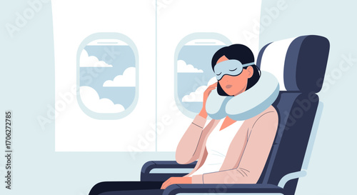 Passenger Relaxing And Sleeping On Aircraft, Travel Concept, For Illustration Uses
