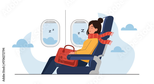 Passenger Resting Comfortably During A Flight In Airplane Seat With Warm Scarf and Luggage