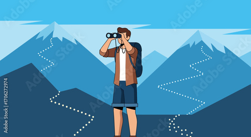 Man Observes Mountainous Terrain Through Binoculars, Discovering Scenic Landscapes, Exploring