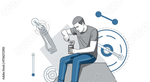Man Opening a Can With Mechanical Illustration Against a Clean White Background