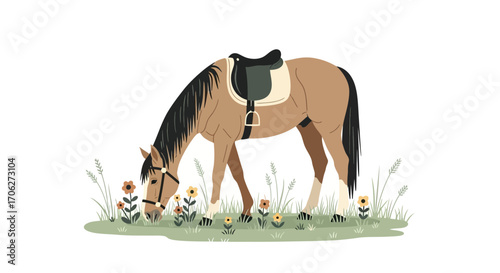 Peaceful Horse Grazing Serenely Amongst Blooming Wildflowers In A Meadow Setting