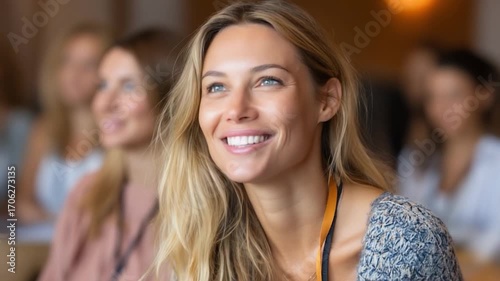 Smiling blonde attends a seminar with a bright expression
