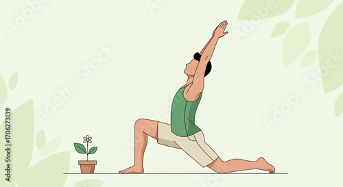 Man Performing Yoga Pose In Studio With A Plant And A Minimalist Background