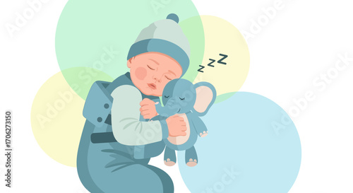 Peaceful Infant Snuggling A Toy Elephant While Sleeping Soundly In Cartoon Illustration