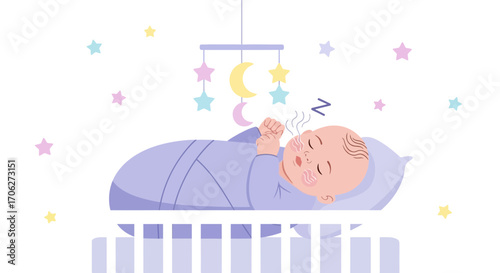 Peaceful Infant Sleeping Soundly In A Cozy Crib Under A Mobile Display