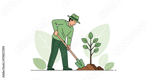 Man Planting A Tree In Nature With A Shovel For Environmental Preservation Effort