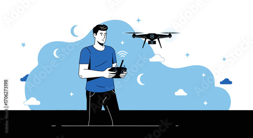 Man Piloting Drone Under Nighttime Skies Captures Aerial Perspective with Control