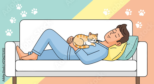 Peaceful Nap: Man And Cat Embrace Comfort And Serenity On A Cozy Sofa