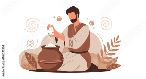 Man Pouring Grain in a Pot, Illustrative Depiction of Everyday Life and Traditions