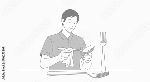 Man Polishing Silverware Before Serving Dish with Spoon Fork and Tableware Drawing