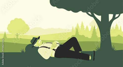 Peaceful Nap In The Woodland Meadow, Enjoying The Quiet Shade Of A Mature Tree