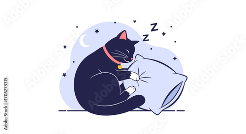 Peaceful Naptime: A Cozy Cat Dreaming Under a Starry Night Sky Illustration